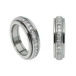 Anxiety Rings for Women and Men Titanium Steel Spinner Fidget Band Rings with Cubic Zirconia for Stress Relief and Wedding Promise Comfort Fit Size 5 to 12