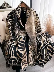 1pc Ladies Elegant Scarf for Fall & Winter, Stylish Leopard & Zebra Print Shawl for Travel, Cozy Fashion Accessory for Casual and Formal, Textured Blanket Scarf