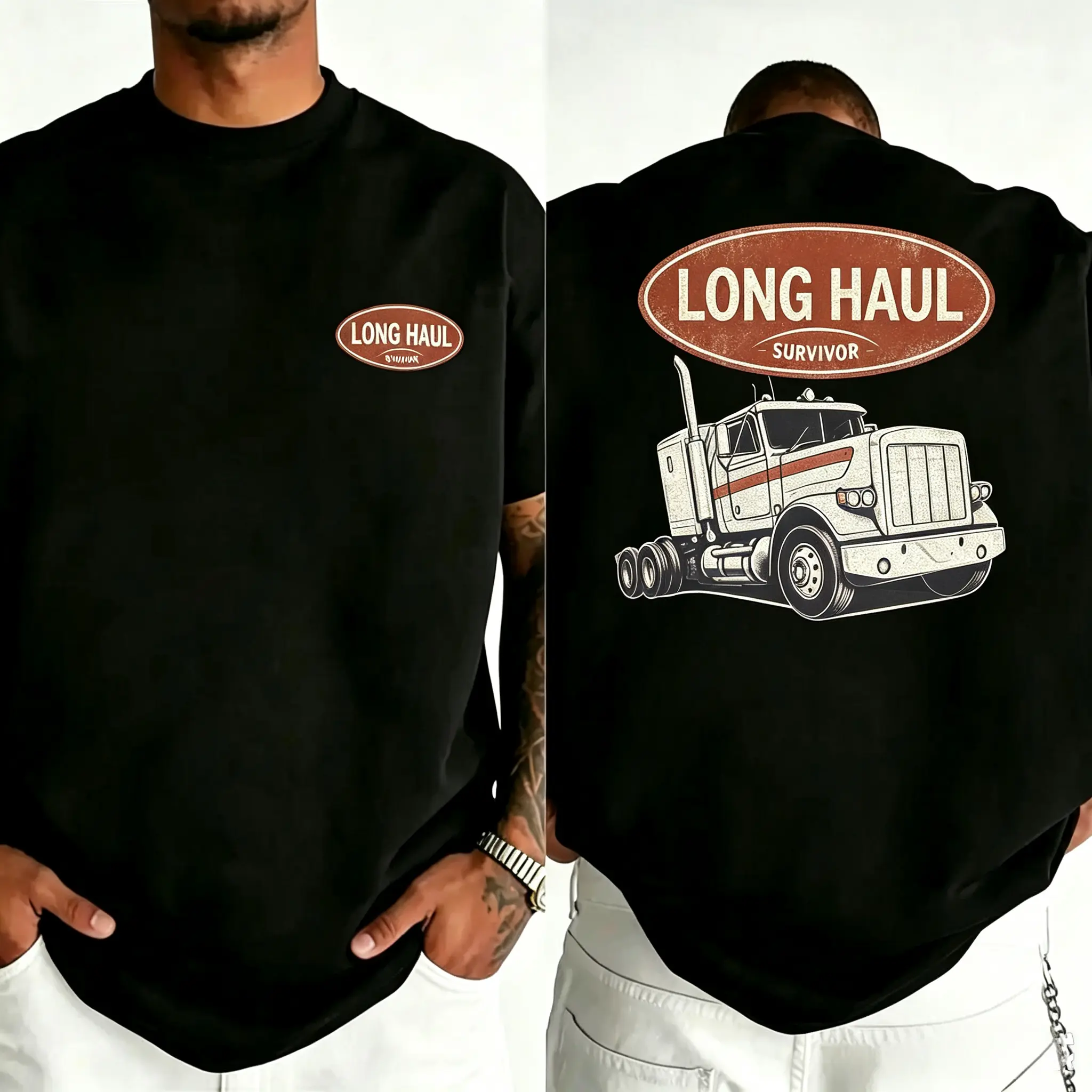 Cotton breathable   Unisex Long Haul Survivor Semi Truck Double-Sided Print T-Shirt  Vintage Distressed Trucker Oversized Casual Short Sleeve car guy Tee Retro Streetwear Top for Truck Drivers Road Trip Enthusiasts