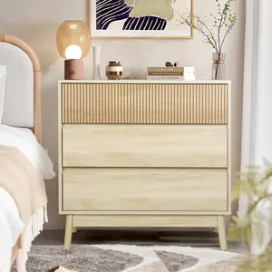 VOWNER 3 Drawer Dresser, Fluted Dresser Farmhouse Wood Storage Chest of Drawers, Modern Closet Dressers with Wide Drawers for Bedroom, Living Room