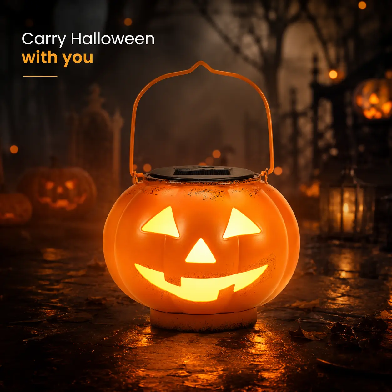 Halloween Solar Jack-O-Lantern Hanging Light, Auto On/Off Pumpkin Solar Lantern, Waterproof Outdoor Spooky Decor for Garden Front Door Lawn