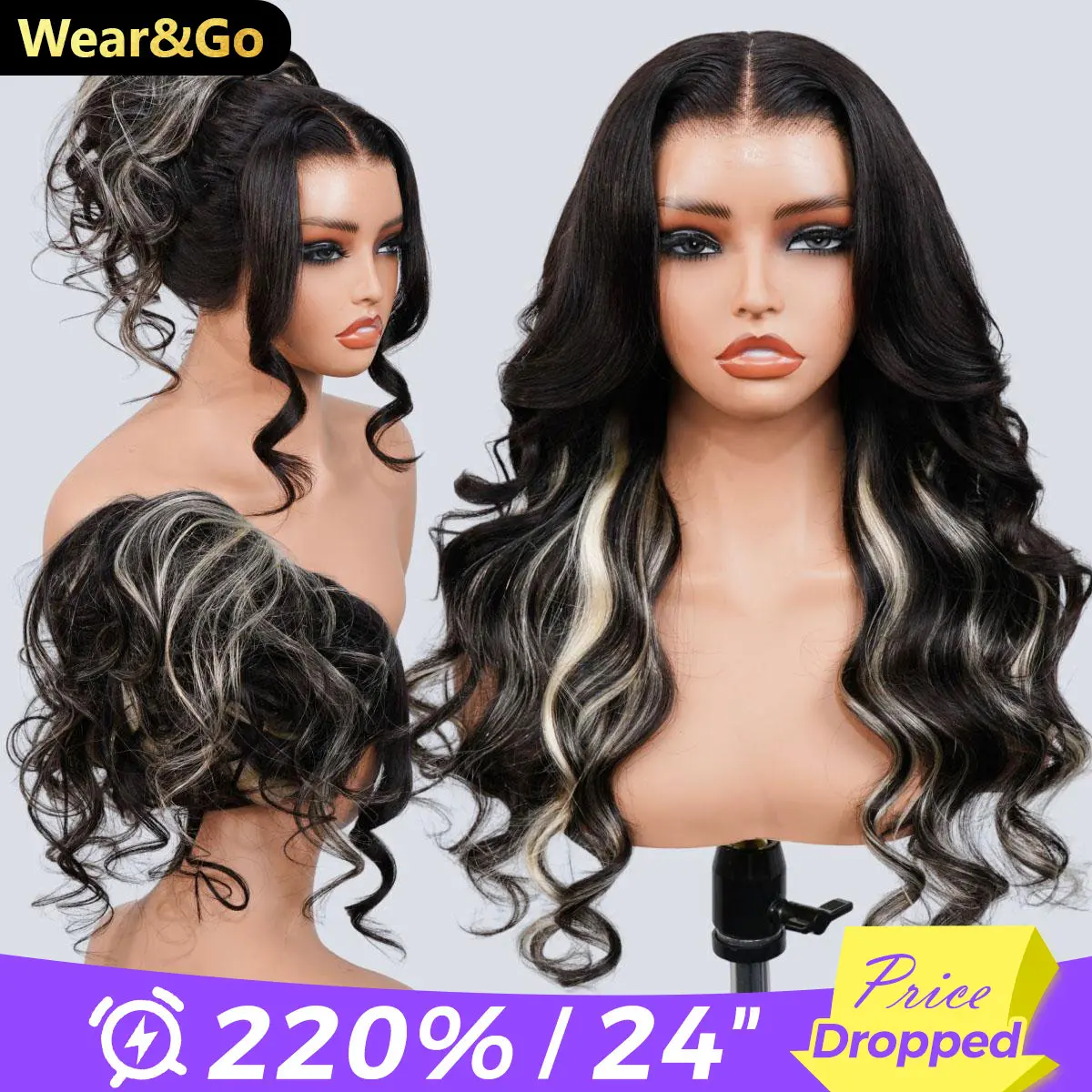 [Limited Deal] OQ HAIR Black Blonde Skunk Stripe Layered Body Wave Glueless Wig With Face-Framing Curtain Bangs Pre-Cut 13x6 Lace Adjustable Drawstring Wear Go Wig