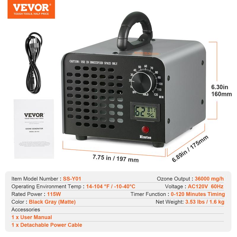 VEVOR Ozone Generator, TikTokShopBlackFriday, Max. 36000mg/h Ozone Machine, Odor Remover, High Capacity Commercial/Industrial, 0-120 Min Time Setting for Rooms & Cars  VEVOR Super Brand Day