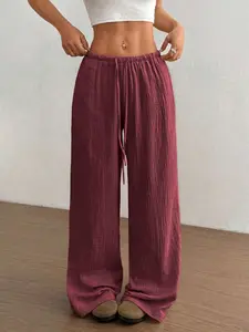Women's Ultra-Low Waist Casual Organic Cotton Straight Leg Pants, Comfortable Everyday Long Trousers for Daily Wear, Eco-Friendly Fashion