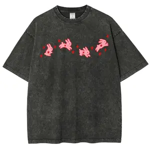 Cute Pink Running Rabbits Star Aesthetic Kawaii Art Vintage Washed Heavyweight Stone Wash Oversized T-Shirt