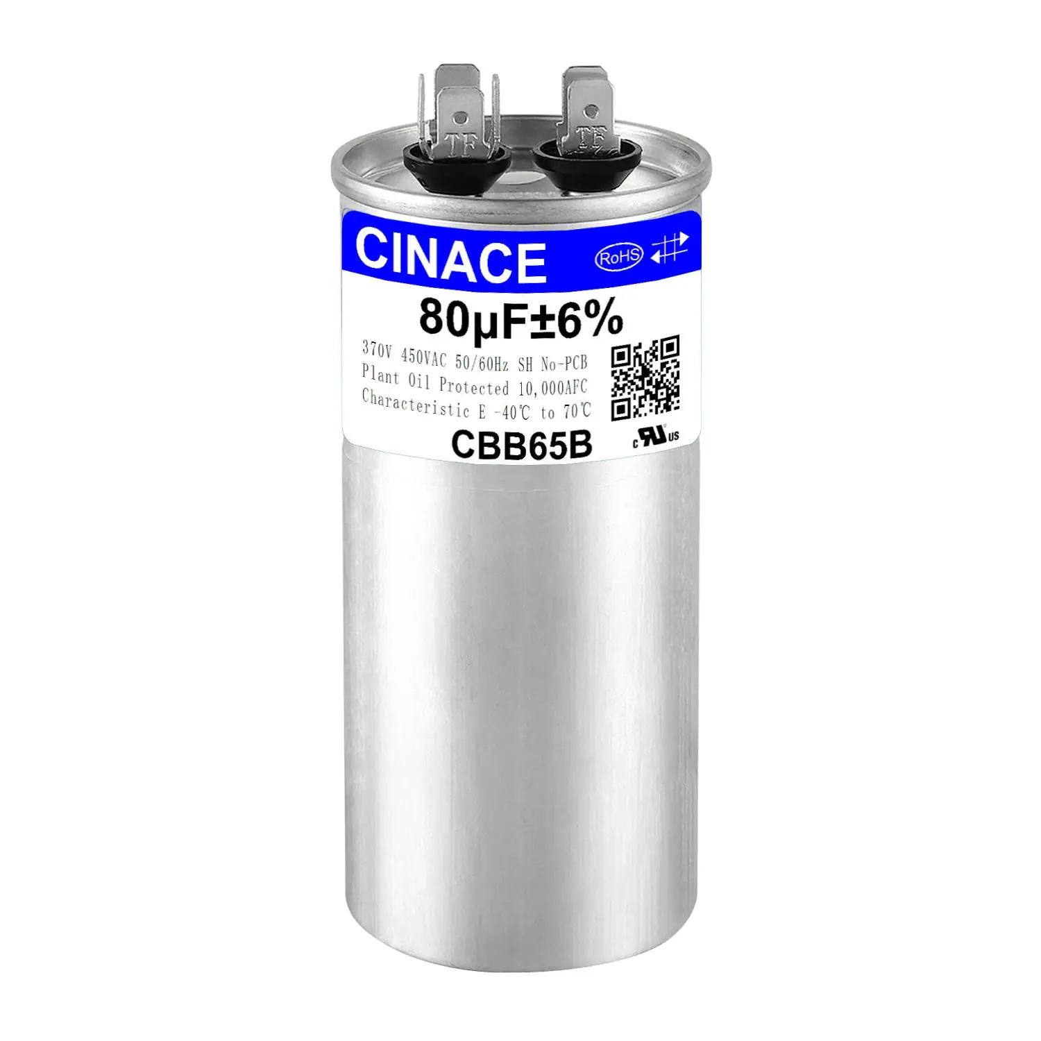 CINACE 80μF 80MFD ±6% CBB65B Round Dual Run Circular Start Capacitor, 370/450VAC 50/60Hz, AC Compressor & Fan Motor Capacitor for Air Conditioner, Condenser Straight Cool, Heat Pump, HVAC System, Ice Maker