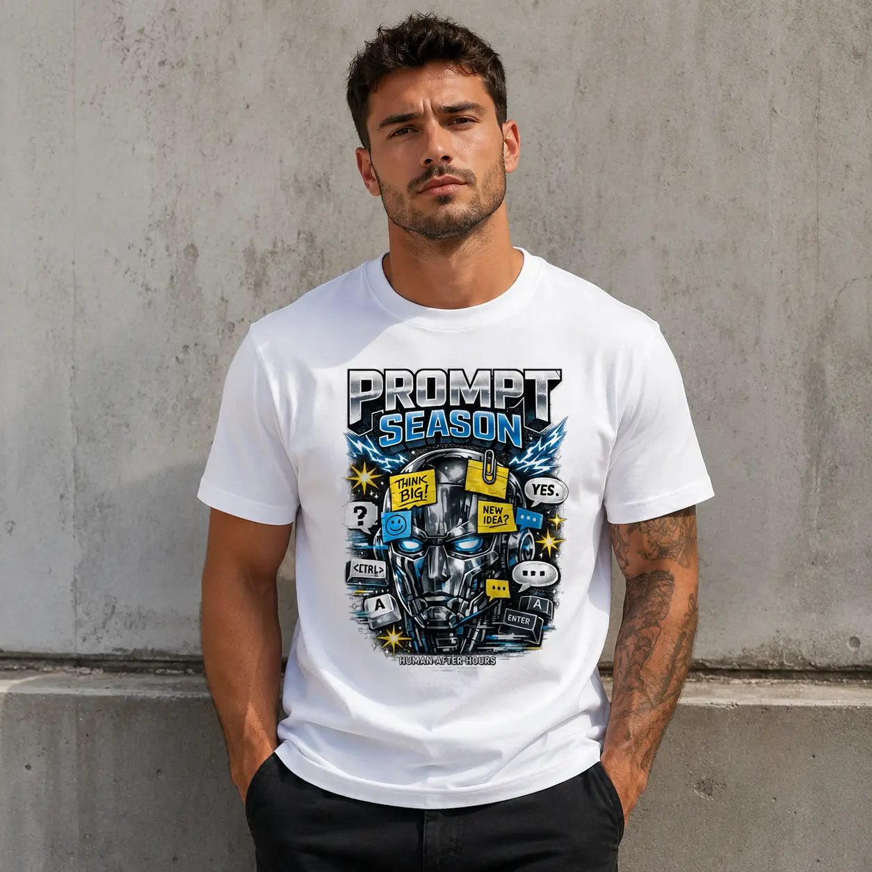Men's Futuristic Robot & AI-Inspired Graphic T-Shirt - Menswear Short-Sleeve Round Neck Casual Wear Tech Streetwear Top, White Creative Gift for Men, Shortsleeve