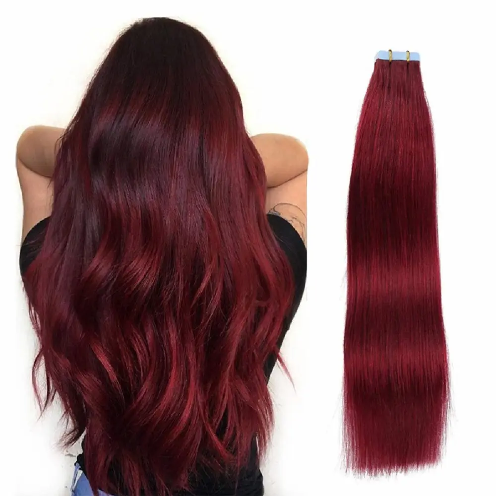 Jessie's Wig Tape In Hair Extensions, #99J Burgundy Colored Remy Human Hair, Silky Straight for a Natural Looking Style, Adds Volume, 20 Pcs, 16-26 Inch, 40-50g, Colored Human Hair, Natural Looking Hair