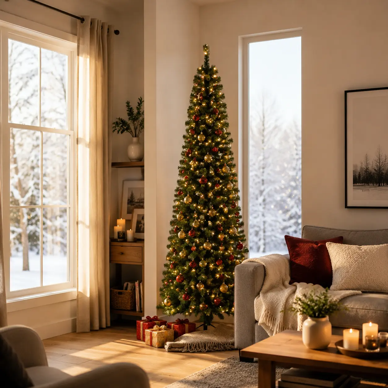 6.5FT Artificial Christmas Trees with 775 Branch Tips & 250 Warm LED Lights,Pencil Christmas Tree,Foldable Metal Base Christmas Tree，Dense Holiday Tree, Easy Assembly Xmas Decor for Living Room, Office & Party Countdown Ornament homedecor gift