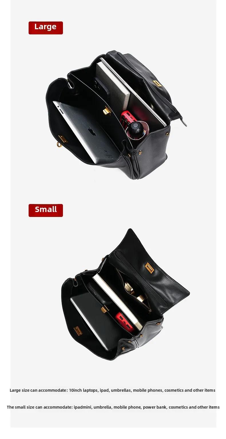 Minimalist Black Leather Work Tote Bag for Women Large Capacity Shoulder Bag with Gold Hardware