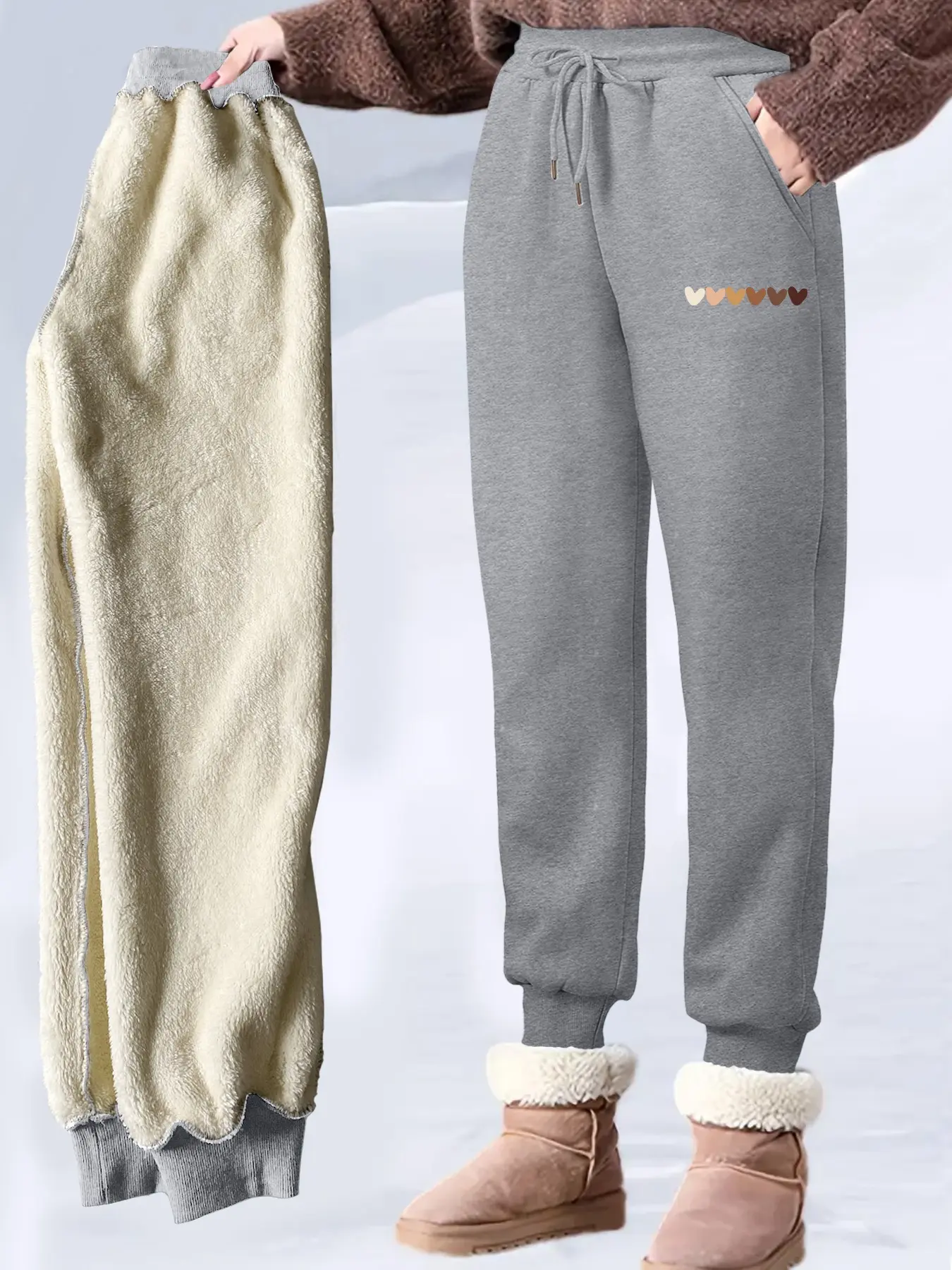 Women's Fleece Lined Thick Long Pants, Lamb Velvet Inner Warm Pants, Gradient Heart Pattern Print, Casual Fashion Winter Trousers