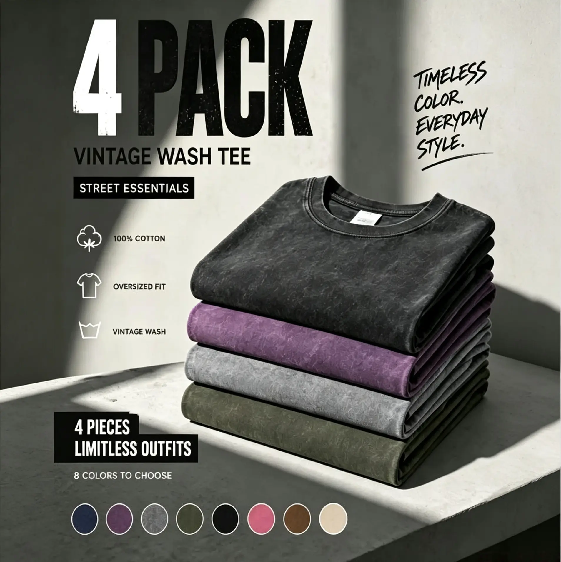 Men's 4-Pack Pure Cotton Heavyweight Vintage Acid Wash Loose Round Neck Casual Fashion Tees, Unisex Medium Length Reinforced Stitch Tops for Gym & Streetwear, All Seasons, Machine Washable Beige Plain Solid T-Shirts, Tshirt, Men’s Clothes