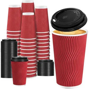 Red Ripple Cups with Lids （50 Cups & 50 Lids）– Disposable Cold/Hot Beverage Cups for Boba, Coffee, Juice | Cafe Essentials & Party Supplies