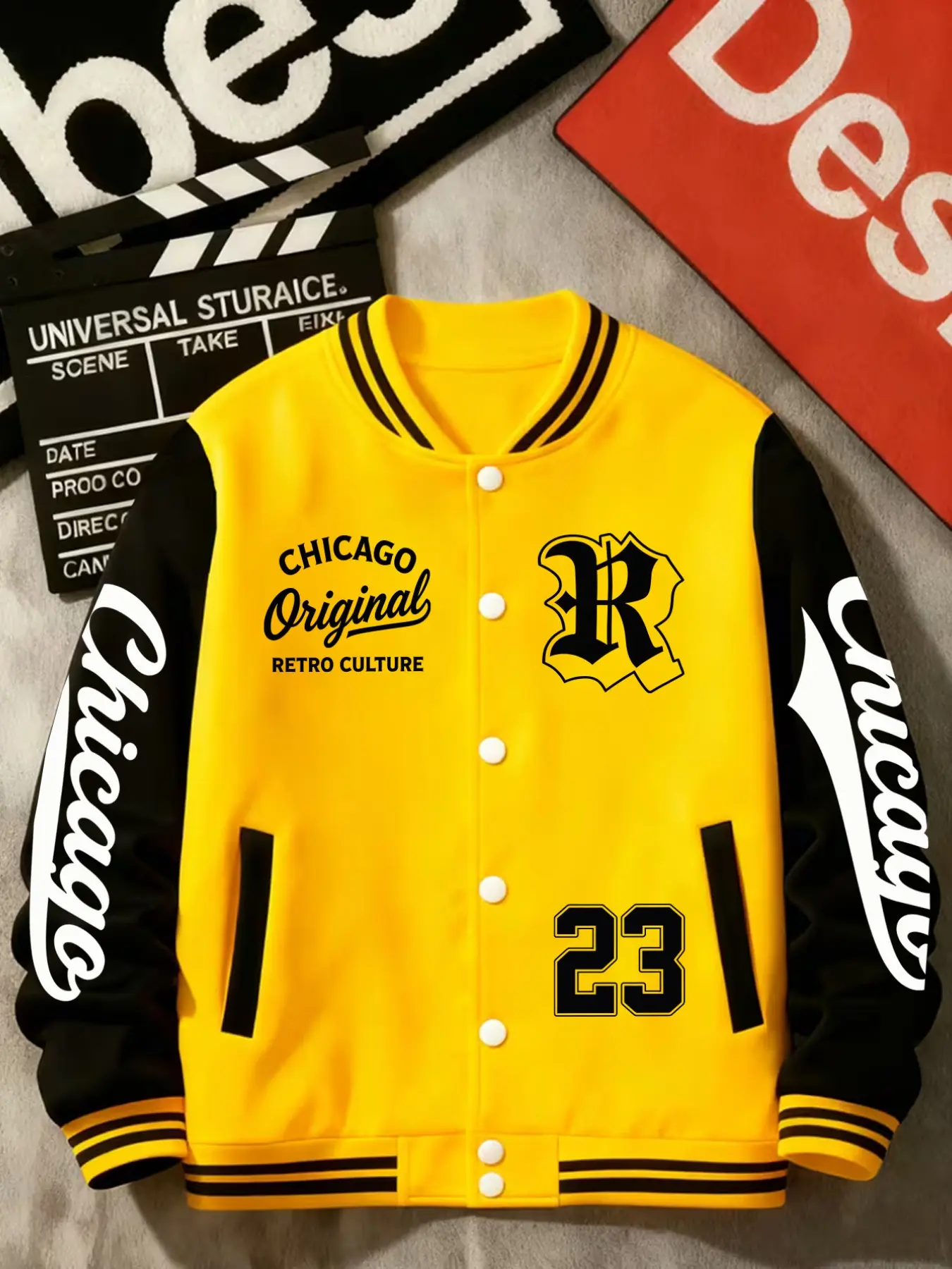 Trendy Chicago Style Casual Fitted Long Sleeve Baseball Jacket Coats with R Letter Geometric Pattern, Vintage Color Block Design, Perfect for Travel Sports & Parties, All Seasons Wear