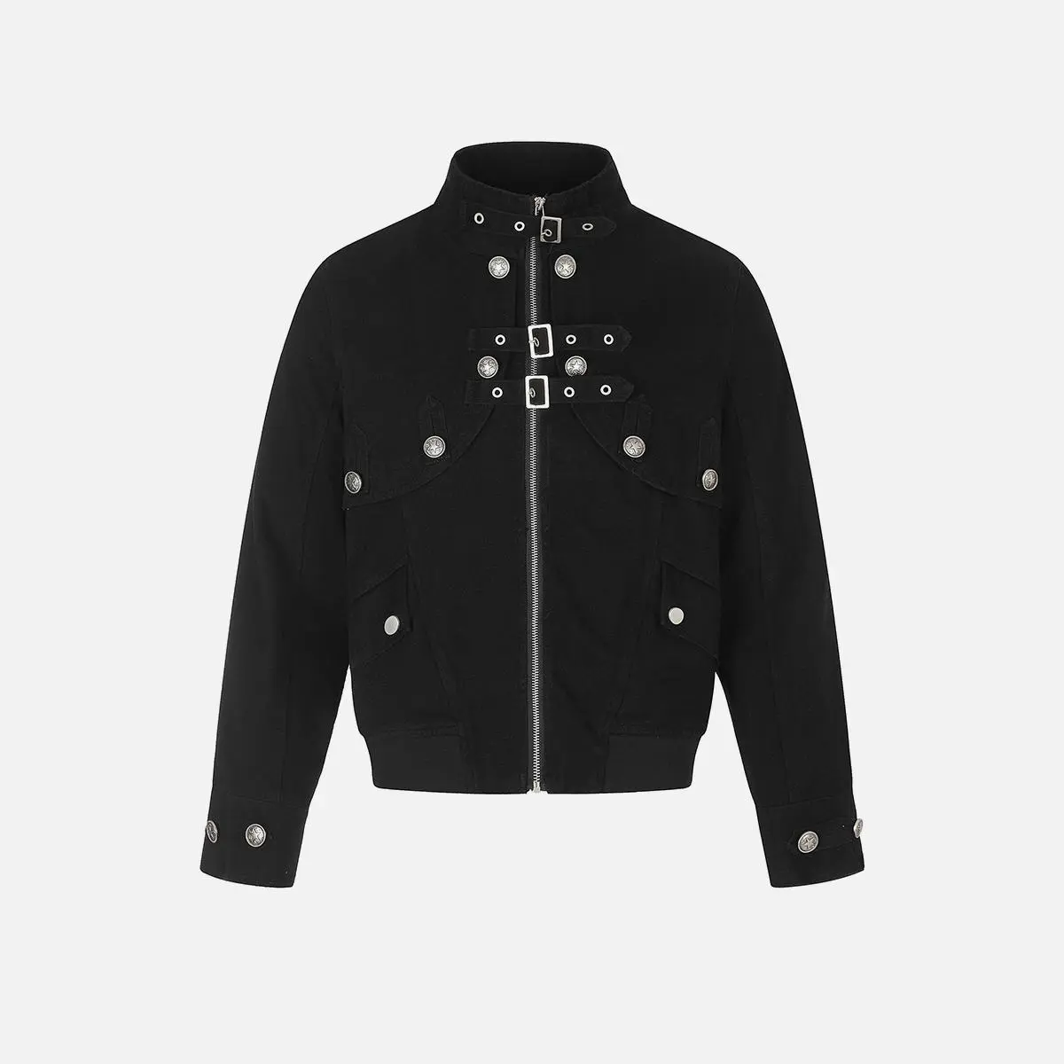 Aelfric Eden Buckle Strap Stand Collar Cropped Jacket Punk-Style Buckle Straps Stand Collar Cropped Silhouette Heavyweight Fabric Unisex Punk Jacket