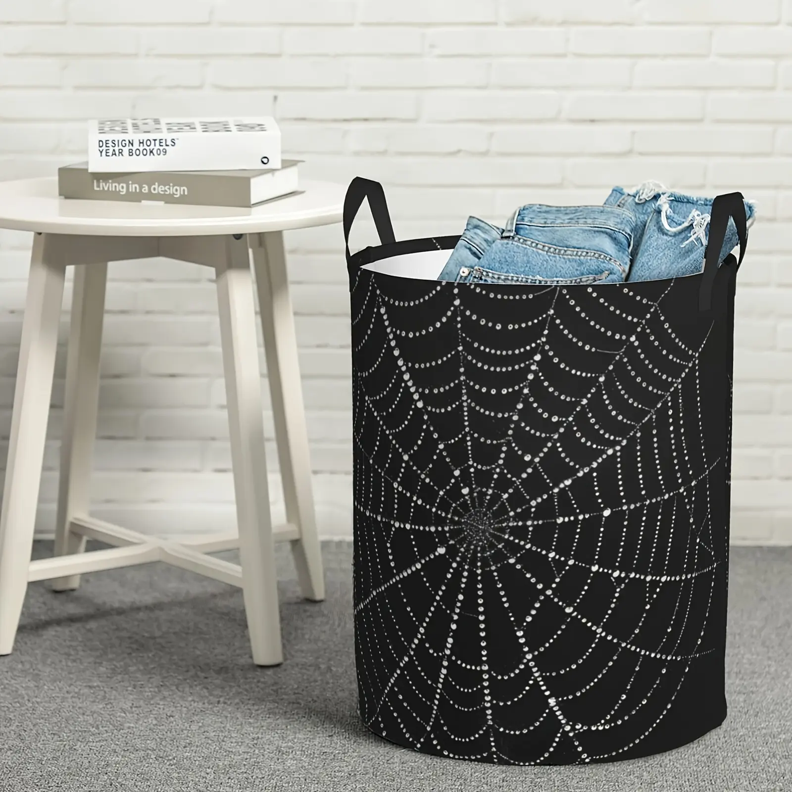 Black Modern Spider-web Pattern Polyester Laundry Basket with Handle, Foldable, Large Capacity Storage Basket, Suitable for Bathroom Decoration and Accessories, Bathroom Organization and Storage, Room Decoration, Laundry Basket
