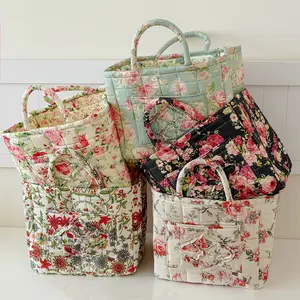 Floral Print Quilted Storage Basket, Large Capacity Portable Storage Bag, Foldable Snack Basket With Handle, Suitable For Women And Girls, Can Be Used Toy Storage Basket, Skincare Ladies' Makeup Storage Basket, Home Decor For Living Room, Bathroom