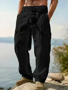 Men's Cotton Linen Blend Wide Leg Pocket Pants, Bohemian Boho Ethnic Drawstring Waist Beach Pants, Summer Casual Breathable Long Pants