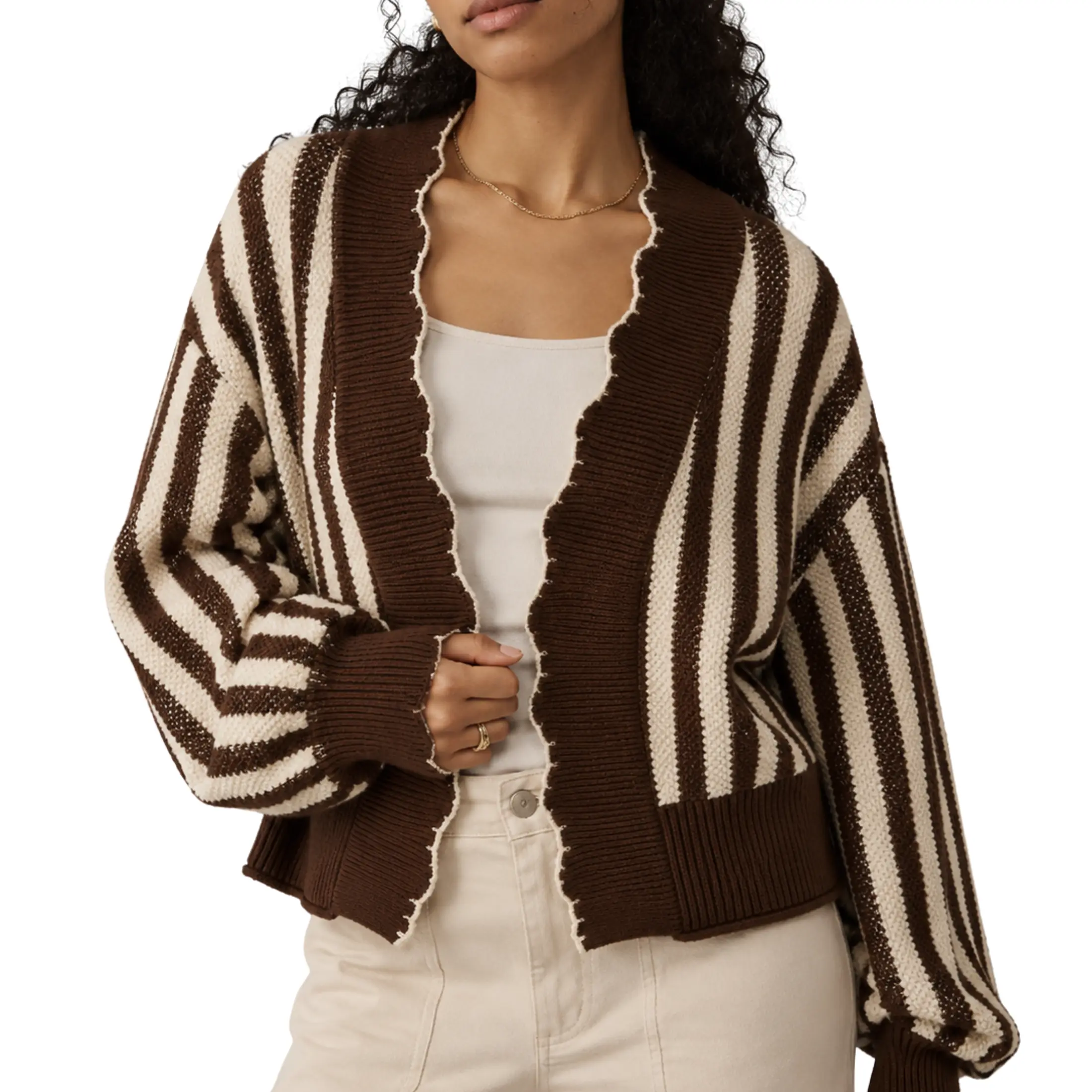 Mibbory Knitted Cardigan For Women Contrast Bold Stripe Sweaters Long Sleeve Loose Open Front Y2k Vintage Knitwear Tops Scalloped Trim Chunky Striped Jumper Knit Shirt