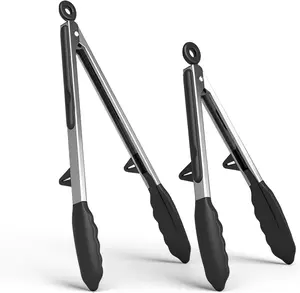 Kitchen Tongs Set of 2 (9” & 12”) – Stainless Steel & Silicone Cooking Tongs with Built-in Stand,Hot Plate Grippers Perfect for Grilling, BBQ, Salad & Frying