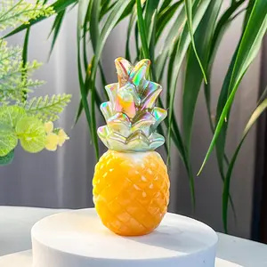 Crystal Aura Coated Pineapple - Unique Green Aventurine & Yellow Calcite Coating - 9cm Height 4cm Width 170g Weight - Compact Decorative Piece