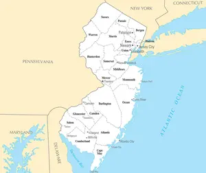 Map of New Jersey NJ - County Map with selected Cities and Towns - Peel and Stick Wall Decal