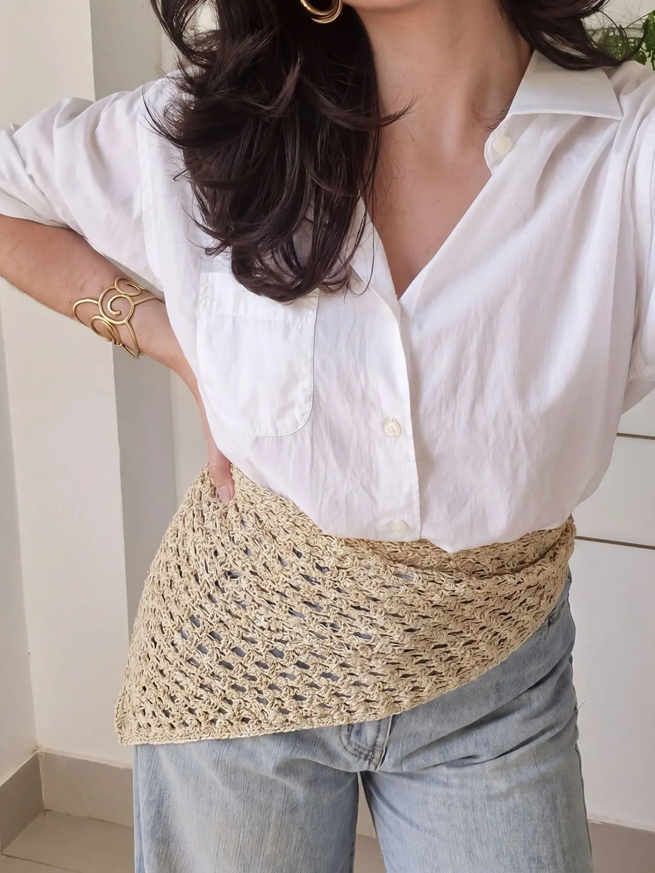 Boho Style Mesh Knit Shawl Triangle Scarf, Women's Summer Lightweight Breathable Plain Headscarf, Versatile Fashion Accessory, Wear as Bandana