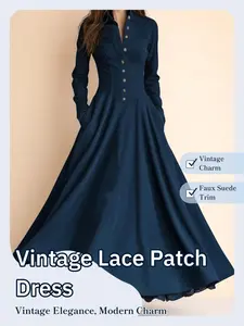 European Vintage Lace Trim Maxi Dress, Faux Suede Button Front Shirt Dress, Slim-Fitting Long Sleeve, All Seasons Fashion