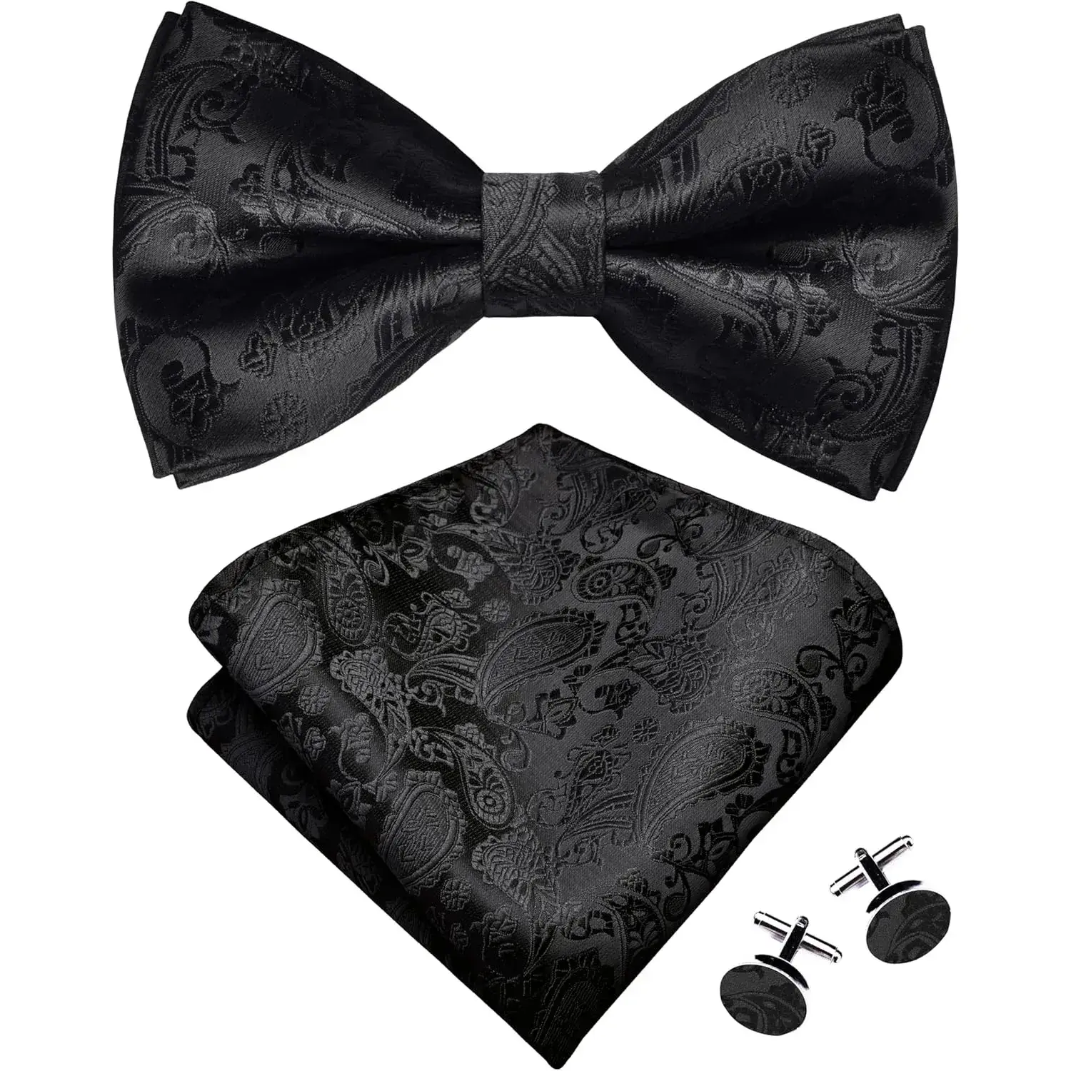 Men's Black Paisley Pre-Tied Adjustable Bow Tie Set - Jacquard Woven Handkerchief, Cufflinks, Formal Fashion Accessory Set, Black Bowtie
