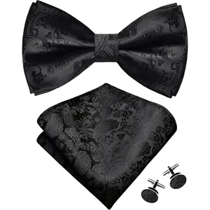 Mens Paisley Bow Tie Handkerchief Jacquard Woven Adjustable Pre-Tied Bowties Pocket Square Cufflinks Set Mens Paisley Bow Tie Handkerchief Jacquard Woven Adjustable Pre-Tied Bowties Pocket Square Cufflinks Set