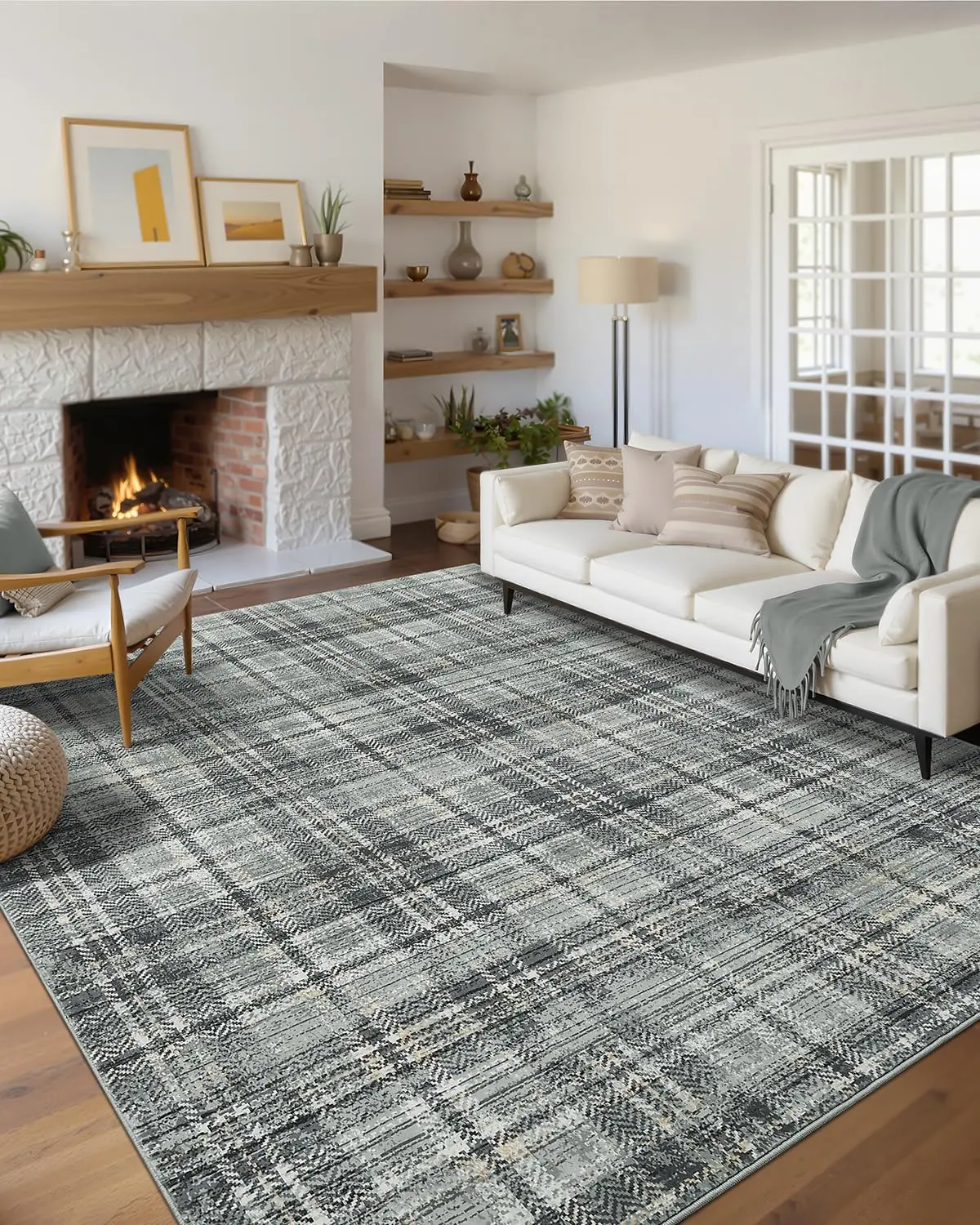 Garvee Modern Plaid Washable Rug 8 x 10 Rug for Living Room Soft Farmhouse Tartan Area Rug for Bedroom Non Shedding Non Slip Throw Rugs Stain Resistant Carpet for Nursery Office 8'x10' Greenish Grey