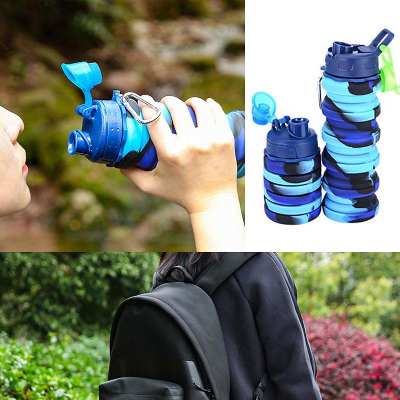 Outdoor Sports Silicone Foldable Water Bottle for Camouflage Creative Travel Reusable Leakproof Water Bottle with Carabiner