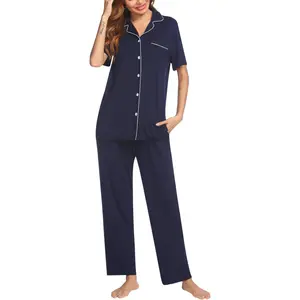 Women Pajamas Set Button Down Sleepwear Short Sleeve Nightwear with Long Pants Soft Pjs Set S-XXLGift