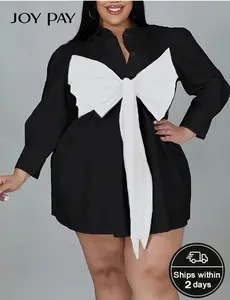 Plus Size Bow Tie Shirt Dress for Women Long Sleeve Button Down Mini Dress with Elegant Oversized Bow Casual Fashion Fit Chic