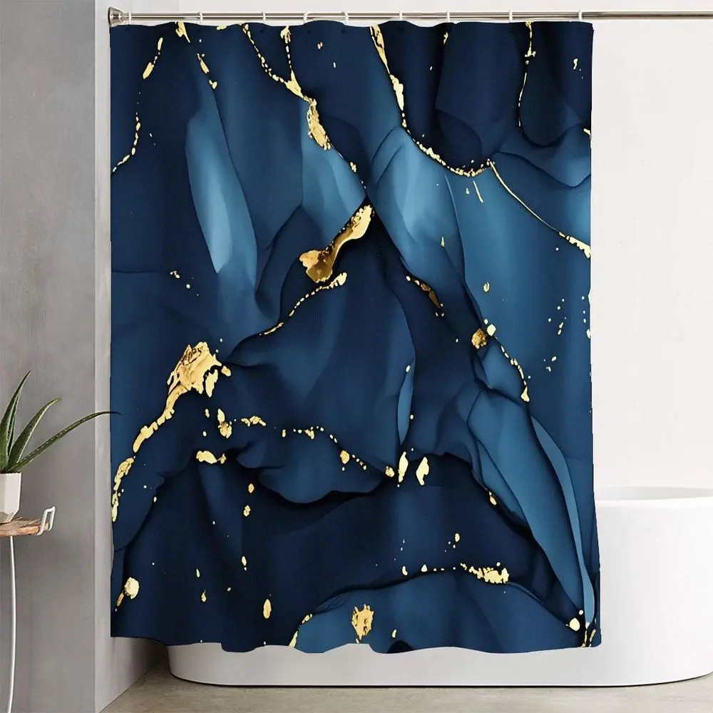 1/4pcsLuxury Navy Blue & Gold Liquid Marble Bathroom Decorations (12 Hooks), Rectangular Rug, Contour Mat, Toilet Lid/Bidet Mat - Cozy Elegant Design for Spring Easter, Mother's Day Home Decor