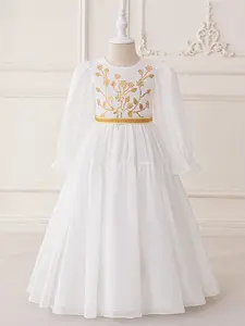 3-7Y White 56 Kids Clothes Flower Girls Frock Embroidery Print Mesh Ball Gown Pageant Children Muslim Elegant Princess Prom Host Formal Evening Party Banquet Cocktail Dress