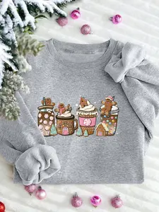Women's Christmas Gingerbread Print Pullover Sweatshirt, Casual Loose-Fit Round Neck Jumper, Fall & Winter Holiday Fashion