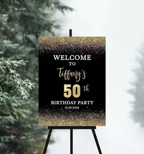 Black & Gold Welcome Sign Template, Black and Gold Glitter Confetti Birthday Welcome Poster, Self Edit, 2 Sizes, Corjl, BG2