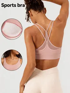 Women's Medium Support Sports Bra, Backless Thin Strap Padding Gym Bra, Detachable Pads, Breathable Mesh Yoga Bra, Suitable for Gym, Running, Fitness