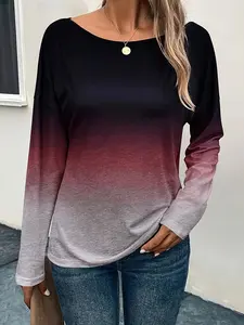 Elegant Plus Size Women's Gradient Round Neck Drop Shoulder Long Sleeve Casual Simple Spring T-Shirt, Stylish and Comfortable Fashion Top
