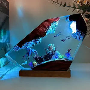 Epoxy Octopus Ocean Resin Lamp, Handmade Resin Night Light with USB Port, Multicolor LED Light, Ideal Home Bedroom Decor, Scuba Diver Gift for Birthdays and Holidays, Unique Octopus Gifts for Him