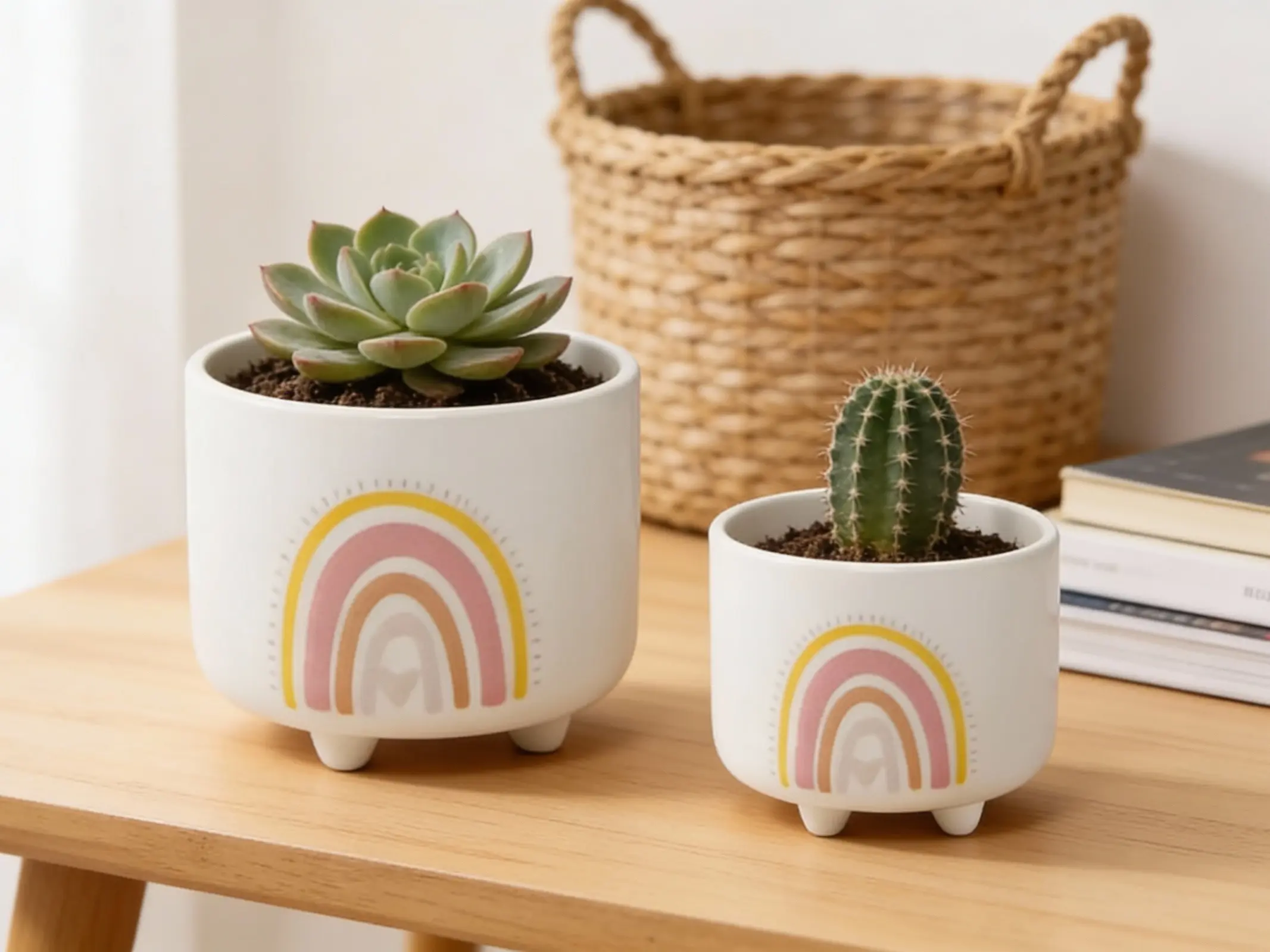 Set of 2 Ceramic Rainbow Footed Planters