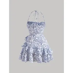 Floral Print Ruffled Tie Backless Pleated Bust Layered Halter Dress