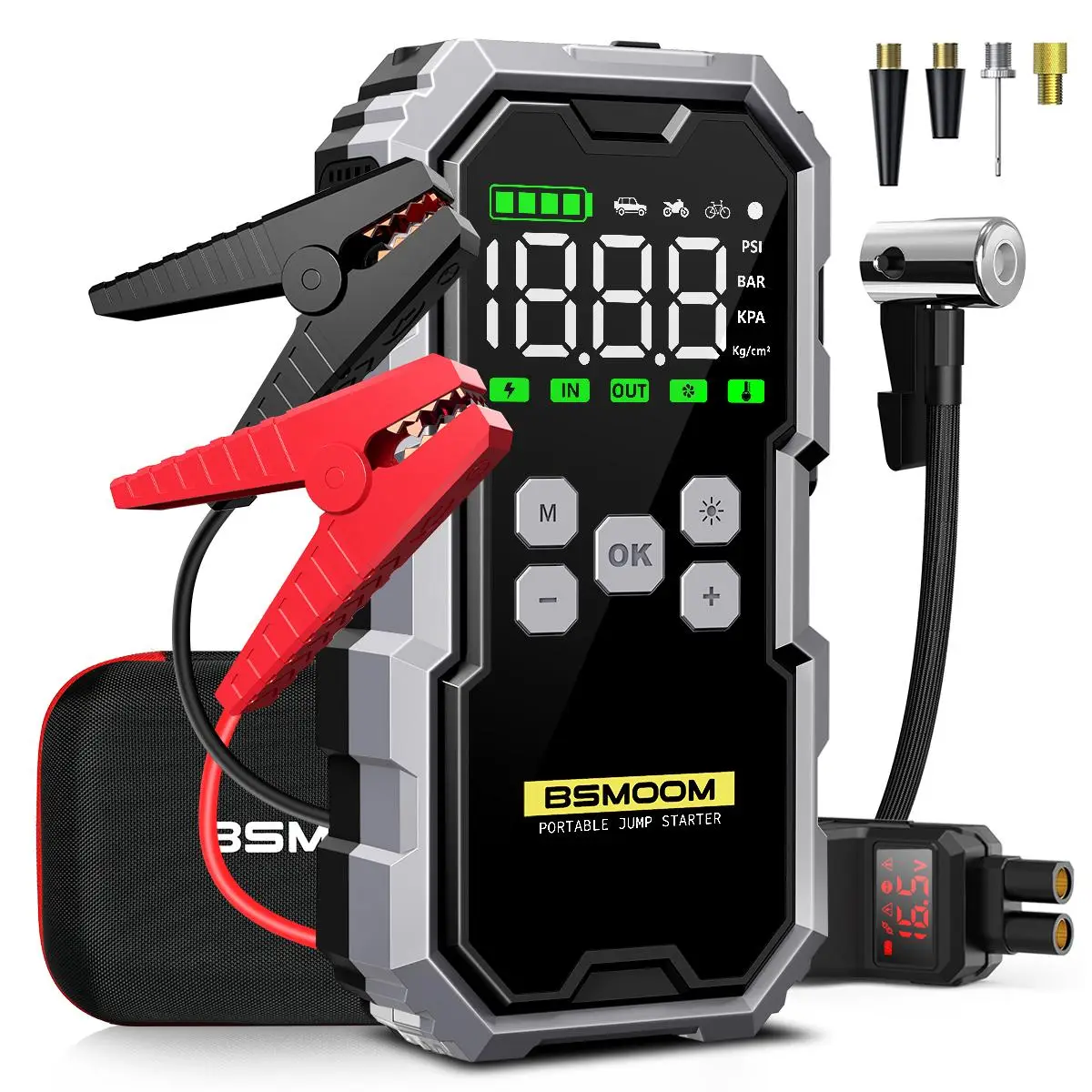 BSMOOM 8000A Portable Jump Starter, 1 Count 12V Auto Jump Starter Box with LED Lights, USB Fast Charging Car Battery Charger with Tire Inflation Funct