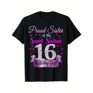 Proud Sister of the Sweet 16 Birthday Girl T-Shirt - Fun & Festive Purple Glitter Design, 100% Cotton, Short Sleeve Crew Neck Tee for Casual Wear, Sister Party Apparel |   Glittery Text Design |   Soft Breathable  graphic tee Tshirt