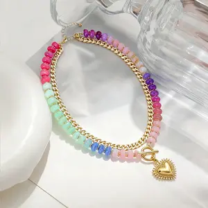 Boho Heart Duo Set Dopamine Colorful Beaded Necklace Ethnic-Style Collarbone Chain with Stackable Heart Pendant for Stylish Looks and Versatile Jewelry