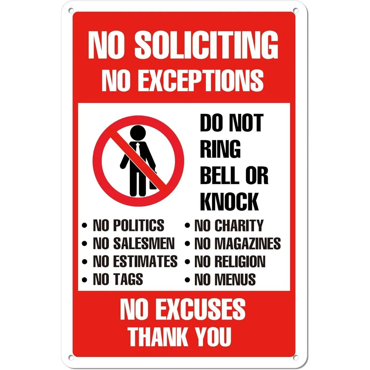 8x12 In Metal No Soliciting Warning Tin Sign - No Knock, No Salesmen Front Door/Gate Plaque, Waterproof, Large Font, Pre-Drilled Holes, Decorative Wall Decor, House Decor, Practical Gift for Homeowners