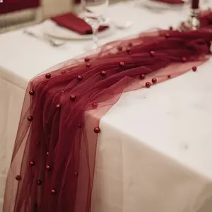 Burgundy Tulle Polyester Backdrop with Pearl Embellishments | Sheer Table Runner for Valentine's Day, Dinner, Photography & Gift Wrapping