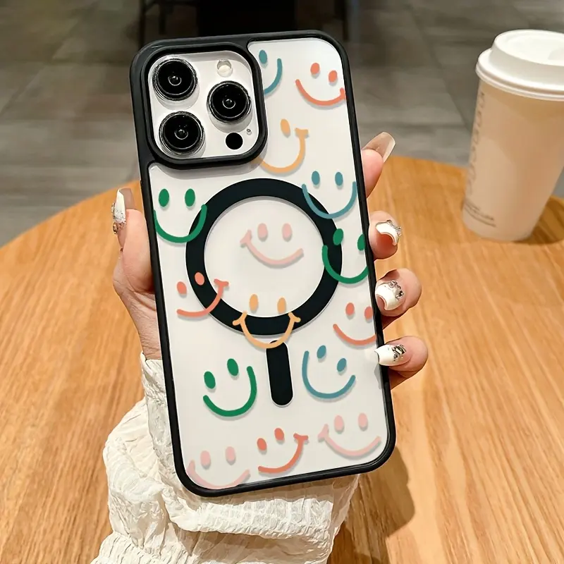 Simple Colorful Smiley Pattern Compatible with iPhone 16 15 Pro Max Plus 14 13 12 mini 11 X XR XS Beautiful Gift Durable shockproof Anti-Scratch PC Protective Case Design Offers Shockproof Supports Magnetic Wireless Charging