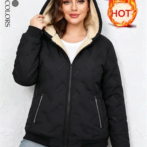 Women’s solid-color fleece-lined warm zip-up jacket with anti-theft pockets; casual hooded outerwear that suits everyday wear; suitable for autumn and winter, Christmas outfits, thick outer layer, and going-out tops; new fall arrival.